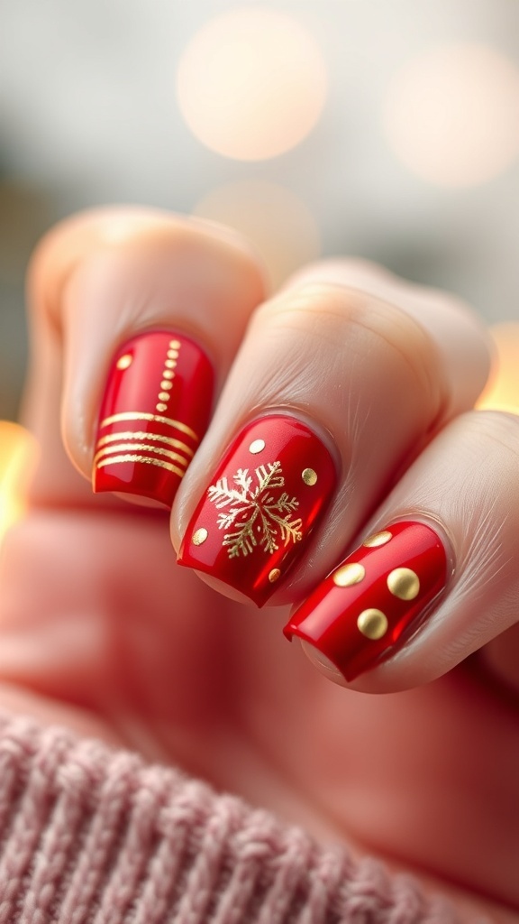 Festive Short Gold and Red Christmas Nails Close-up of short Christmas nails in red and gold with festive designs.